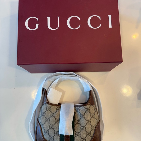 GUCCI JACKIE 1961 SHOULDER MINI BAG BEIGE BROWN CANVAS LEATHER - Picture 1 of 7